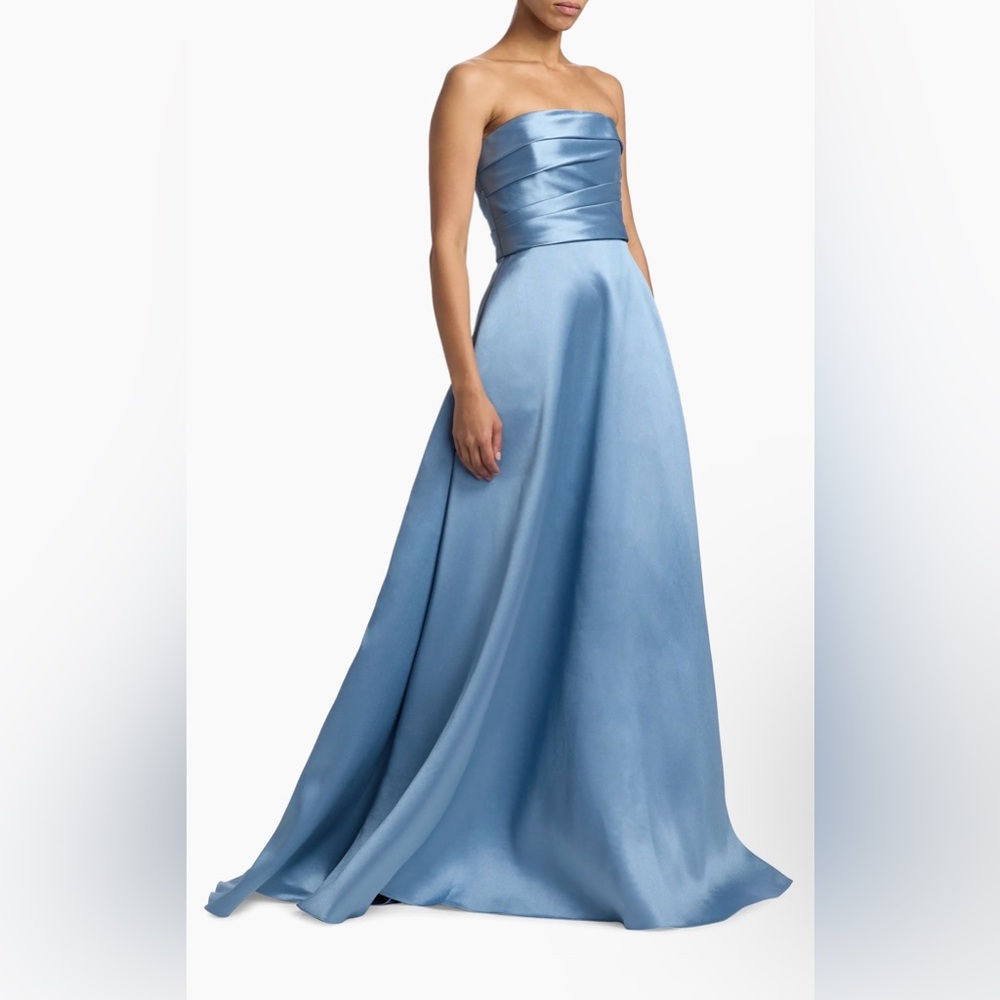 Amsale Blue Satin Fit and Flare Evening Gown